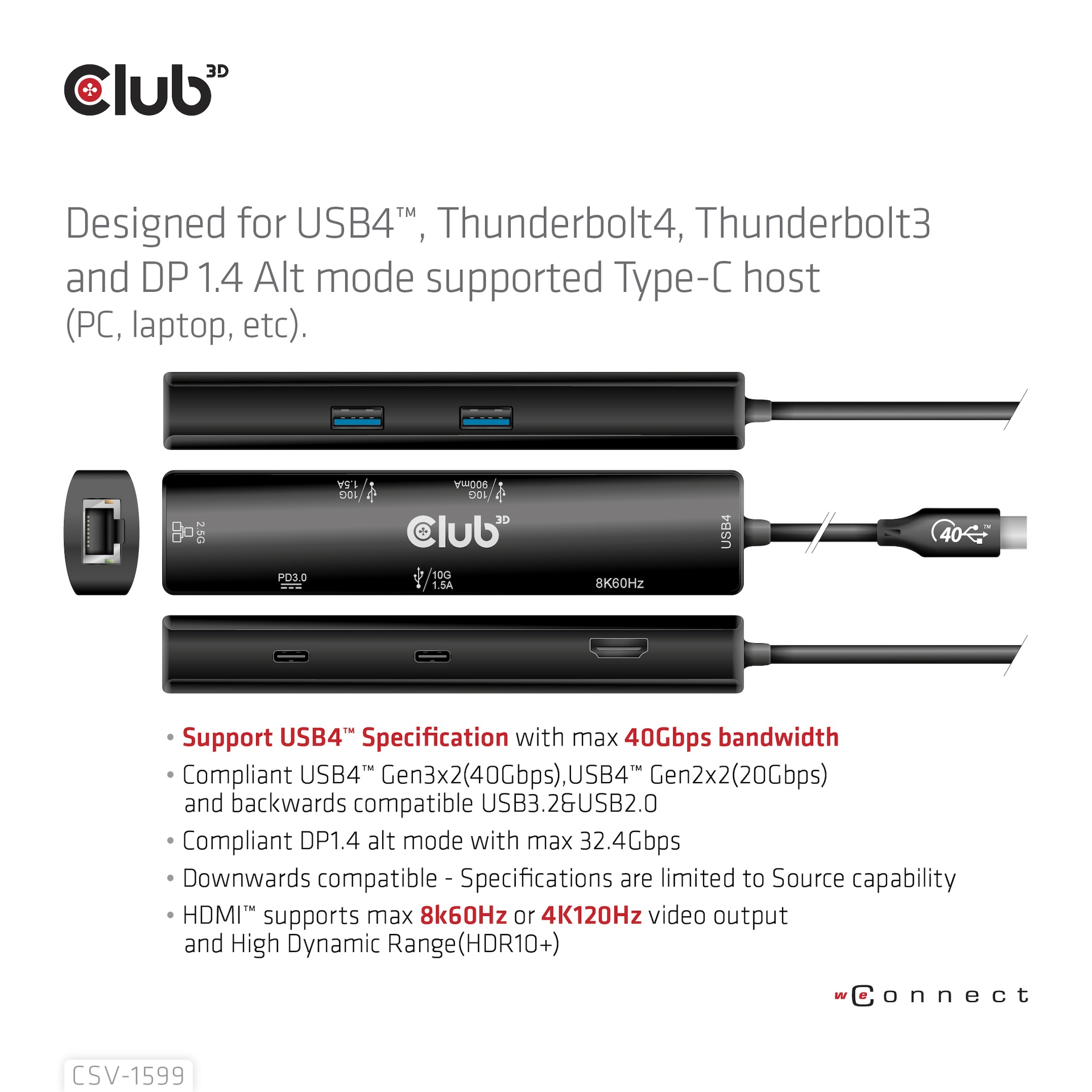 USB-C®10Gbps, (USB 4) 6-in-1 Hub with HDMI™ 8K60Hz or 4K120Hz, 2xUSB Type-A(10G), Ethernet RJ45(2.5G) and 2xUSB-C®, 1x Data(10G) and 1xPD3.0 charging 100 watt - Image 4