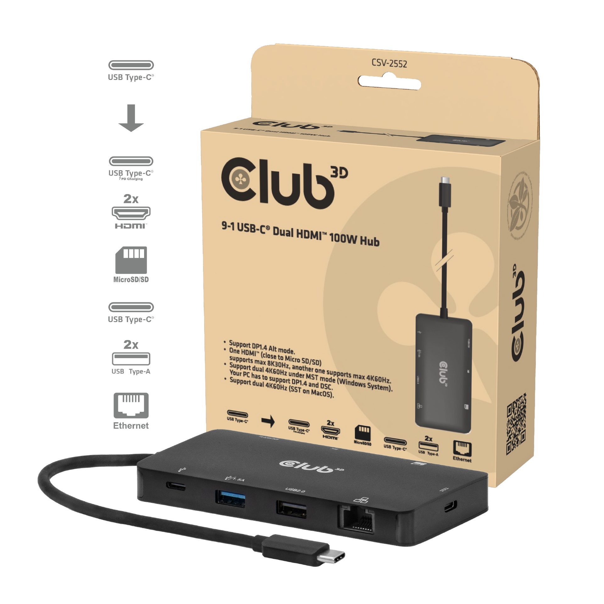 9-1 Dual HDMI™ USB-C® Hub PD3.0 100W