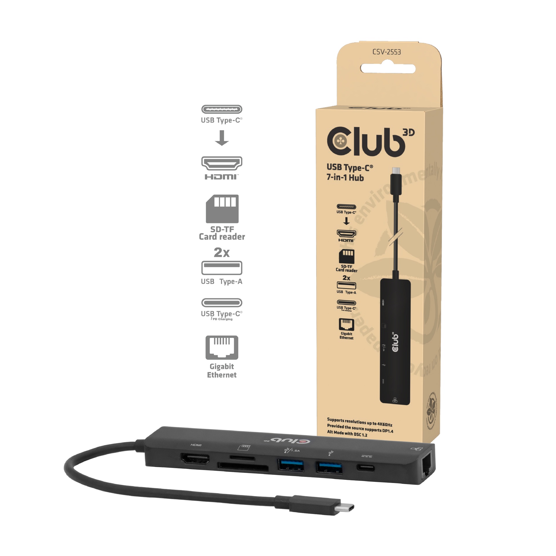 USB-C® 7-in-1 Hub to HDMI™ 4K60Hz /SD-TF Card slot 2x USB A / USB-C® PD / RJ45