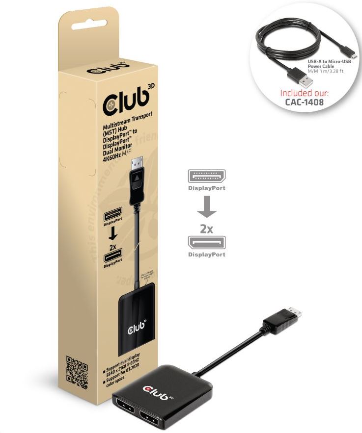 Multistream Transport (MST) Hub DisplayPort™ 1.4 to DisplayPort™ Dual Monitor 4K60Hz M/F